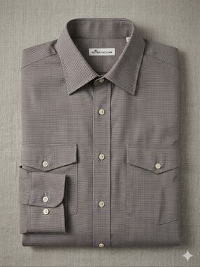 Peter Millar Micro Houndstooth Button Down Long Sleeve Brown Blue Shirt Size L
